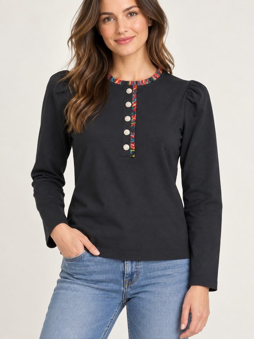 J.Crew Women’s Black Cotton Long Sleeve Top Size S Plaid Ruffle Trim Jewel Butto